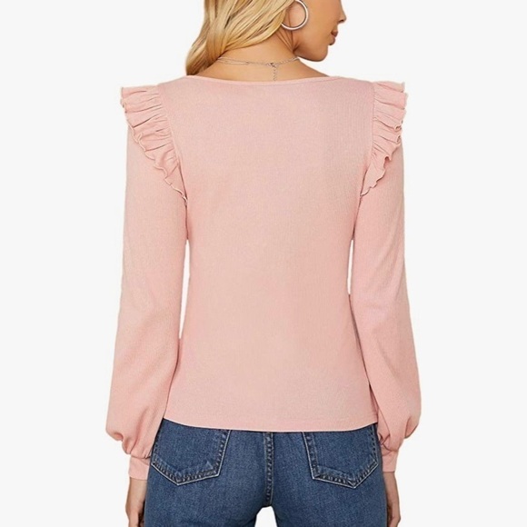 𝅺𝅺⭐️2 FOR $20⭐️ Ruffle Trim Square Neck Pink Long Sleeve Top. SM/M - Picture 2 of 12